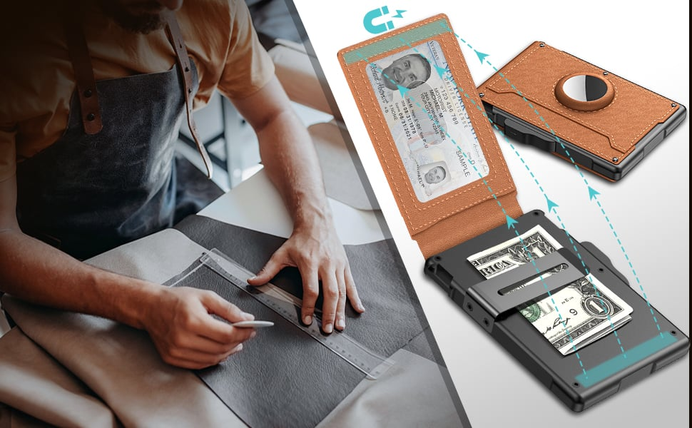 ✨AirTag Wallet - with a flip-up aluminum case, money clip, thin leather slot, credit card holder, RFID protection, minimalist bifold wallet.